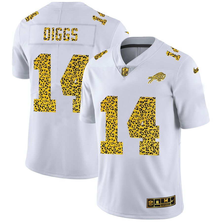 Custom Buffalo Bills 14 Stefon Diggs Men Nike Flocked Leopard Print Vapor Limited NFL Jersey White